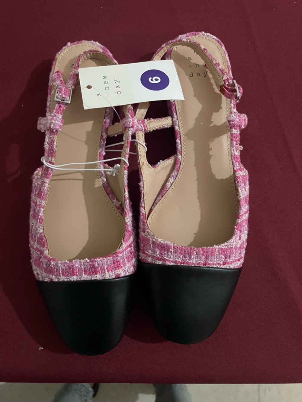 An Everyday Pink Tweed Slingback Flat with Black Cap Toe